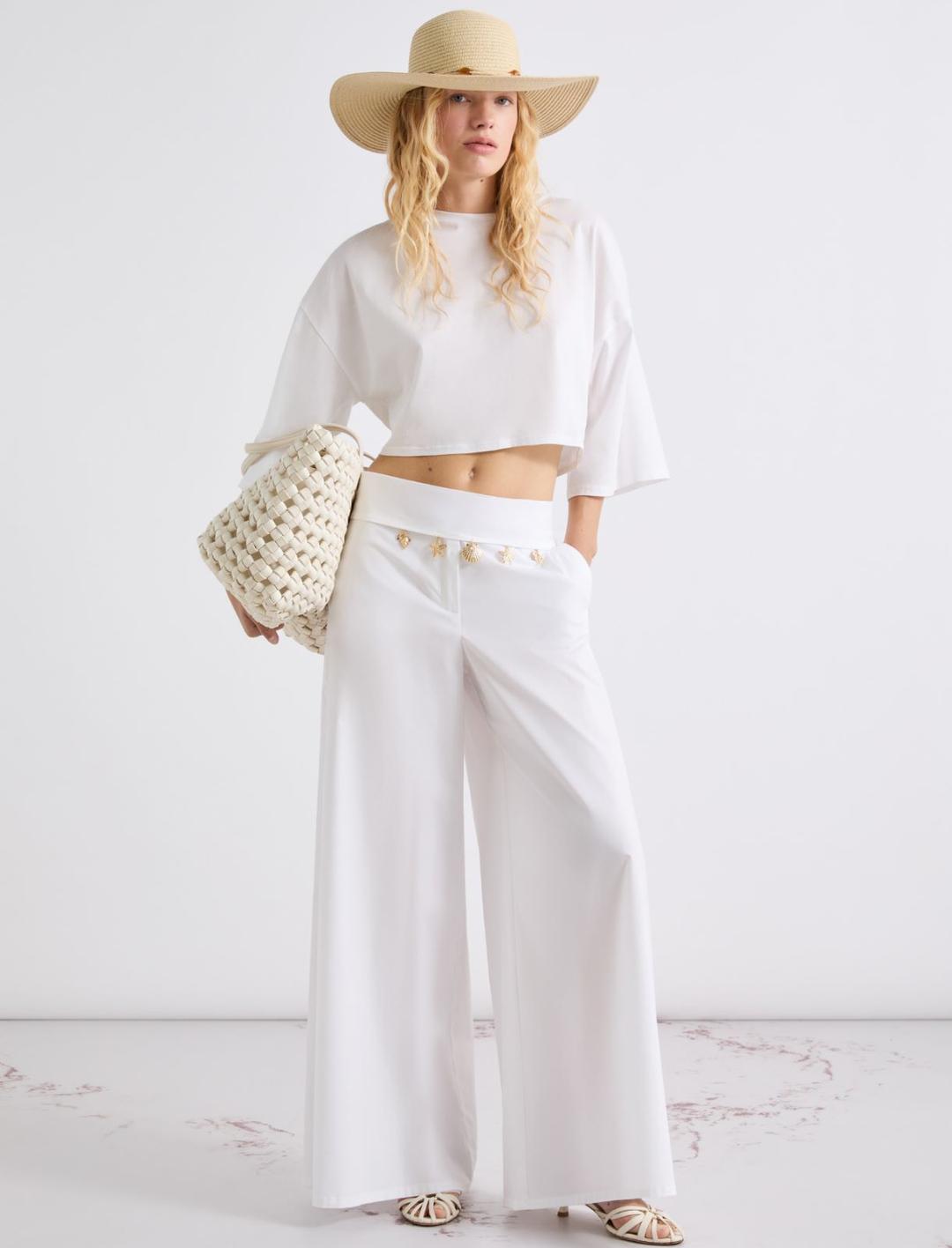 Pantaloni Eleganti Donna A Gamba Larga Bianchi | Elasticizzati Con Tasche | Vita Alta Per Ufficio E Tempo Libero | Taglie S/M/L