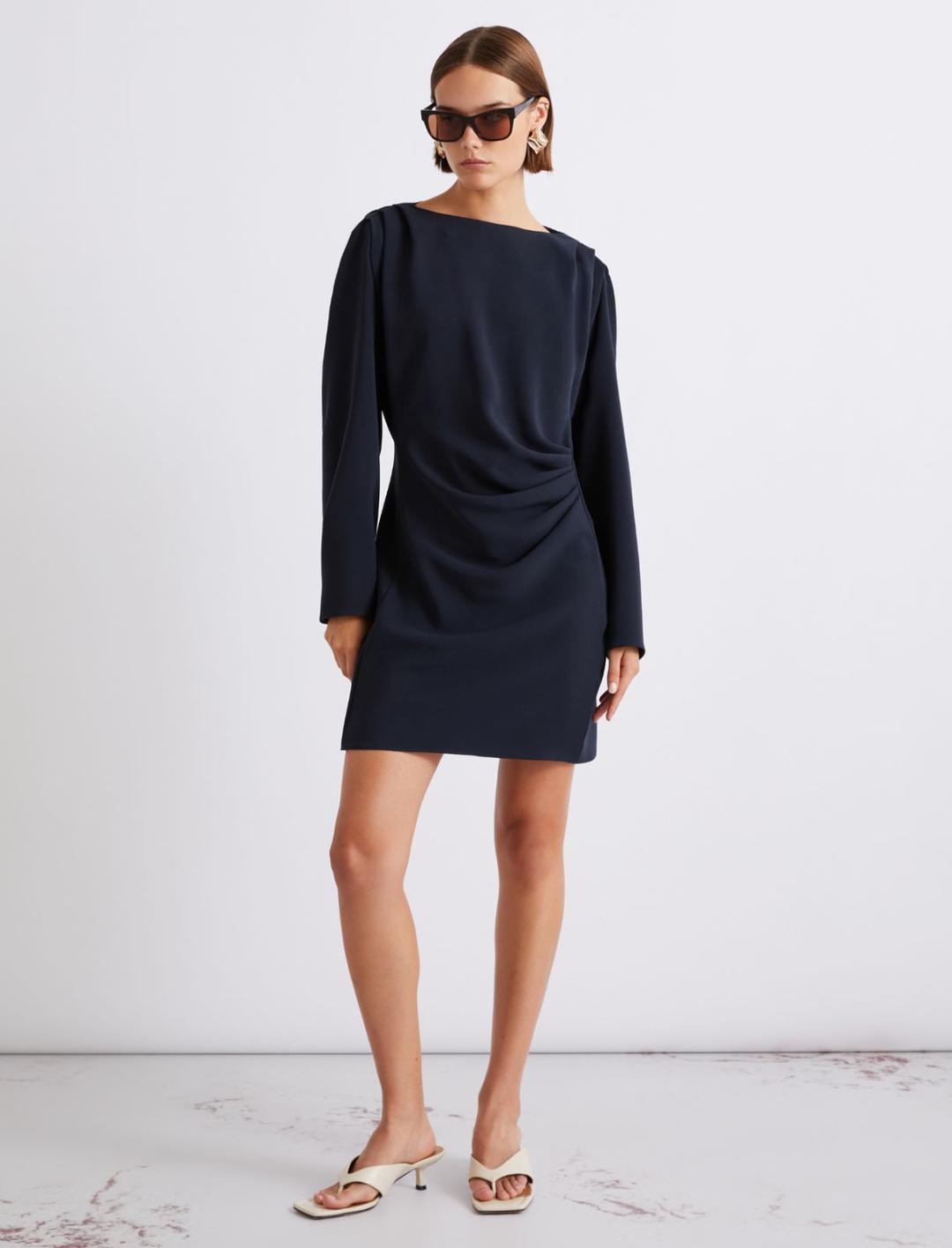 Abito con arriccio in cady | Marella Abito blu in cady con arriccio asimmetrico sul fianco sinistro e pieghe sulle spalle. - 2 | Marella
