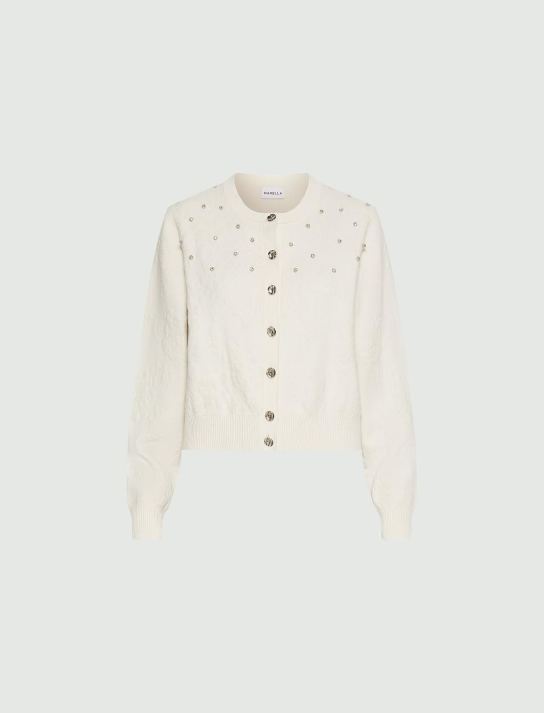 Cardigan in viscosa e cotone | Marella Cardigan in viscosa e cotone color panna con bottoni bijoux e cristalli cabochon ricamati sulla parte alta. - 1 | Marella
