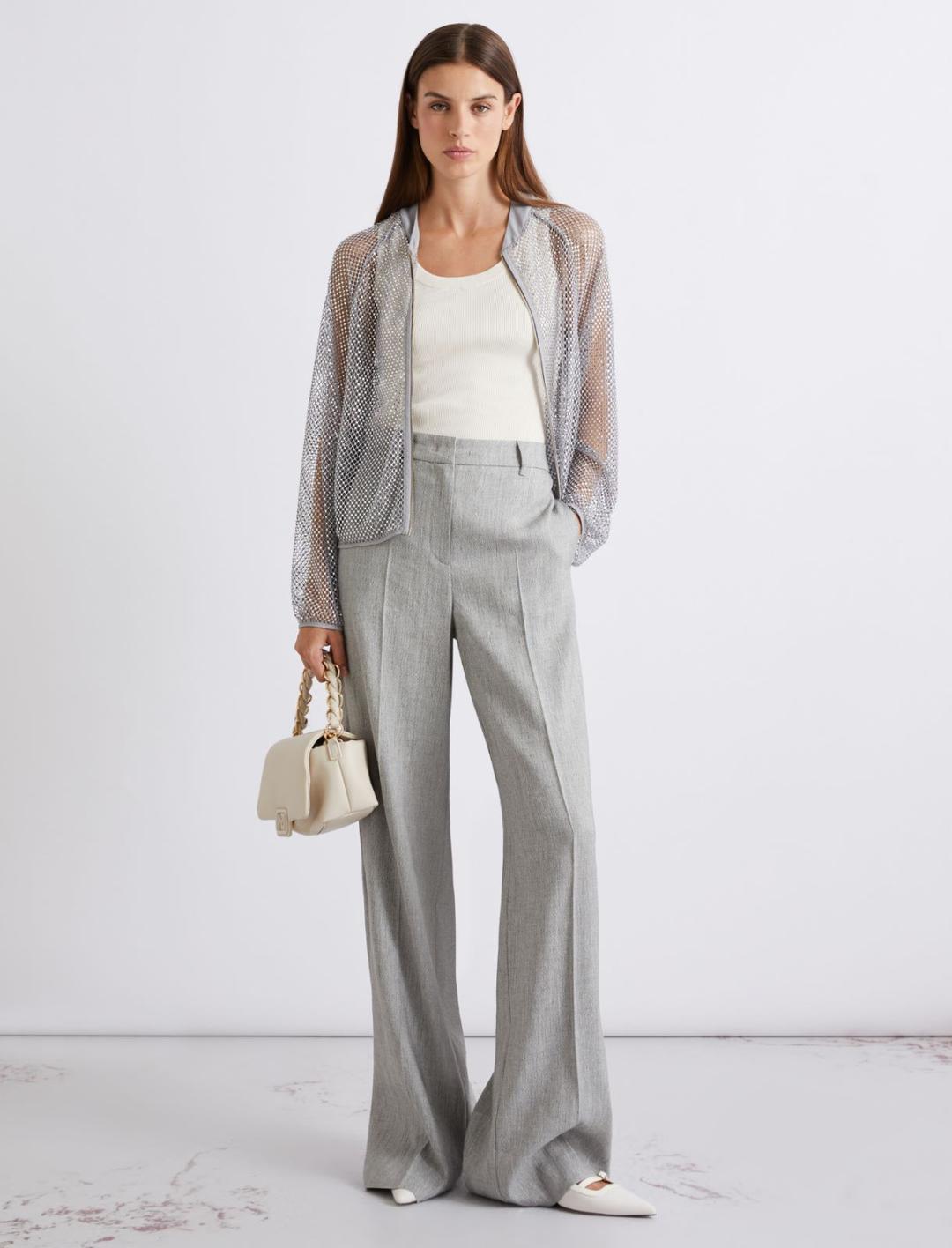 Blouson in rete strass | Marella Blouson in rete strass grigio con dettagli in georgette, collo a blouson e apertura frontale con zip a doppio cursore. - 2 | Marella