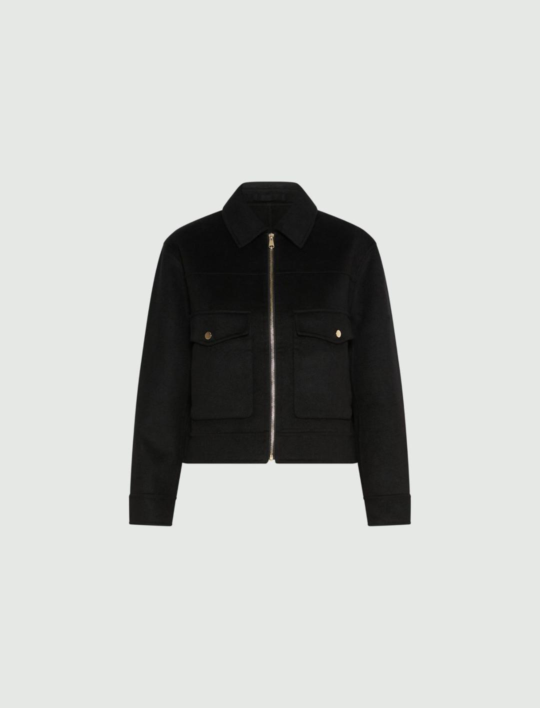 Giacchina in double di misto lana | Marella Giacchina nera in double di misto lana con linea boxy, collo a camicia con bottone a pressione, apertura con zip e tasche applicate con patta e bottone a pressione. - 1 | Marella